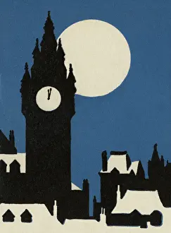 Illustratio Prints: Skyline With Clock Tower at Night