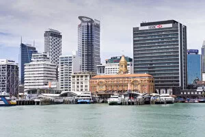 Skyline and historic harbour buildings, Auckland, Auckland Region, New Zealand