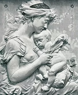 The sleeping cupid: woman holds an angel who is sitting on her lap