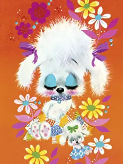 Two Sleepy Puppies in Flowers