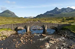 Sligachan Bridge with Marsco peak and Sgurr nan Gillean Mountain of Cuillin Range, Isle of Skye, Scotland, United Kingdom