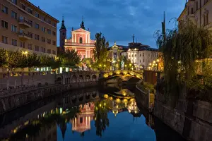 Slovenia Prints: Slovenia, Ljubljana, Illuminated buildings and Ljubljanica River