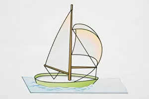 Small boat on sea with billowing sail