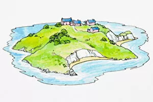 Small island with four houses on it