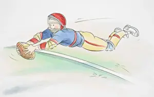 Scoring Prints: Smiling American football player leaping forward horizontally over touchdown line with outstretched hands gripping ball