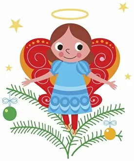 Images Dated 4th September 2006: Smiling angel with halo and butterfly wings, standing on Christmas tree twig decorated with baubles