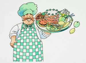 Smiling chef with moustache, checked apron and green chefs hat holding up tray stacked with food with one hand