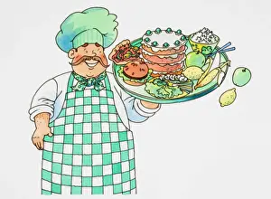 Cake Prints: Smiling chef with moustache, checked apron and green chefs hat holding up tray stacked with food with one hand