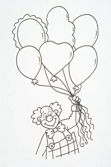 Bib Overalls Gallery: Smiling clown in overalls and bow tie holding a bunch of helium baloons, front view