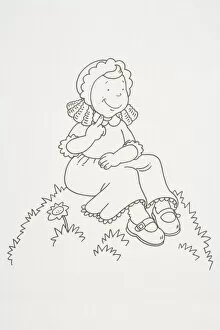 Grass Area Collection: Smiling girl wearing a bonnet sitting on a grassy mound, side view
