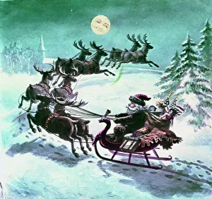 Smiling Moon Gazing on Santa Claus Riding in His Deer Drawn Sleigh