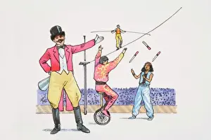 Tightrope Prints: Smiling ringmaster in circus ring pointing to acrobats juggling