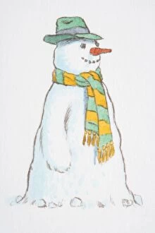 Smiling snowman wearing green hat and yellow-green striped scarf, side view