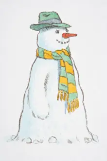 Scarf Prints: Smiling snowman wearing green hat and yellow-green striped scarf, side view