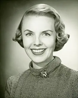 Mock Turtleneck Prints: Smiling woman posing in studio, (B&W), portrait, close-up