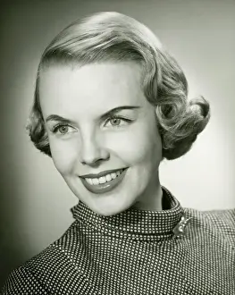 Mock Turtleneck Prints: Smiling woman posing in studio, (B&W), portrait, close-up