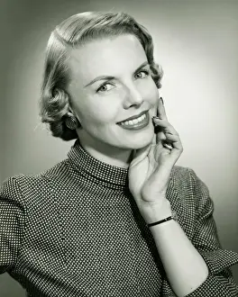 Mock Turtleneck Prints: Smiling woman posing in studio, (B&W), portrait