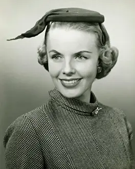Mock Turtleneck Prints: Smiling woman in small hat posing in studio, (B&W), portrait, close-up