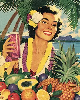 Thirsty Prints: Smiling Woman and Tropical Fruit