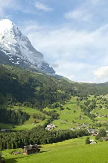 Snow-capped north face of Mt Eiger, green meadows, Grindelwald, Bernese Oberland, Canton of Bern, Alps, Switzerland