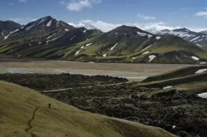 Snow-capped rhyolite mountains, Namshraun lava field, Joekulgilskvisl river, Landmannalaugar, Fjallabak Nature Reserve