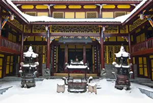 Courtyard Prints: Snow on courtyard in Dragon King rear temple of Huanglong Temple buildings