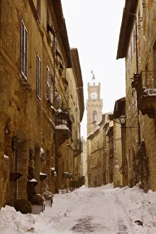 Snow-covered road in Pienza, Tuscany, Italy, Europe
