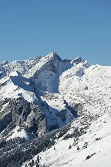 Snow-covered Saentis mountain, 2501m, seen from the southeast, canton of Appenzell Innerrhoden, Switzerland, Europe