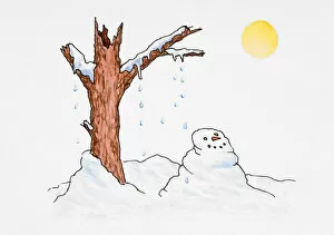 Snowman and snow melting from tree