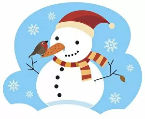 Snowman with striped scarf wrapped around neck, red christmas hat and robin perched on carrot nose