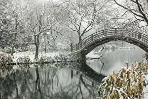 West Lake Prints: Snowscape of wooden arch bridge over pond in Maojiabu village, Hangzhou, Zhejiang, China