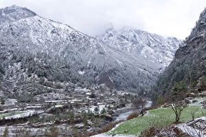 Snowy mountain valley landscape