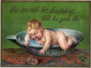 Taking A Bath Prints: Soap Advertisement with Baby Reaching for Soap
