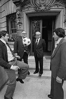 Prints of (Original Caption). Giorgio Chinaglia and Gordon Banks kick around soccer ball as England's Ambassador to the United Nations. Piero Vinci watch in front of Ambassador Vinci's residence Kicking Through History:Iconic Soccer Moments: Soccer Players Showing Ball Skills to England's Ambassador
