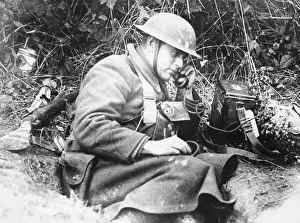 Foxhole Prints: Soldier in Foxhole Holding Radiotelephone Receiver