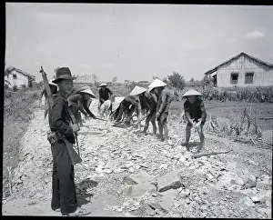 Korea Prints: Soldier Guarding Farmers Building Road