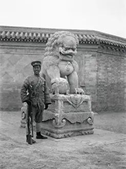 Manchuria Prints: Soldier Guarding Statue