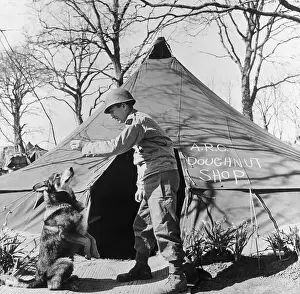 Soldier with War Dog Outside Tent