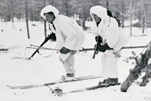 Finland Prints: Soldiers Gliding on Skis Holding Rifles