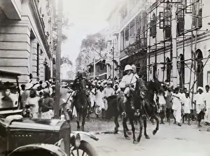 Burma Prints: Soldiers on Horseback Passing Through Burmese Street