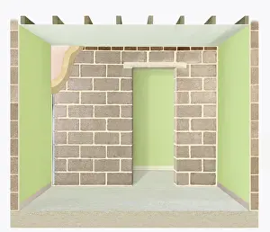 Plaster Prints: A solid block wall with layers of plaster shown in top right corner