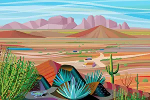 Sonora Desert Landscape looking out from cactus mountaintop to valley and mountains in distance