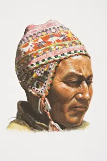 Highland Prints: South America, head of highland Amerindian man in colourful woolen hat, side view