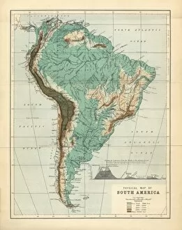 Images Dated 30th May 2017: South America Physical Map, Engraving, 1892