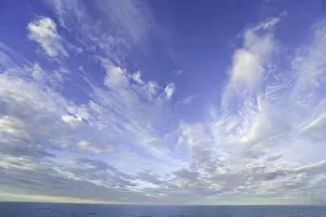 South Georgia, cumulus clouds in sky over calm sea, sunrise