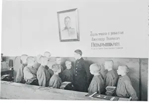 Russian Text Prints: Soviet Orphans with Teacher