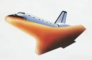 Space shuttle returning Earth through the atmosphere with heat-shield tiles glowing red-hot, low angle view