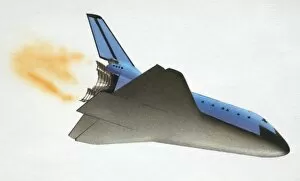 Space Shuttle Gallery: Space shuttle turning tail-first to return Earth, side view