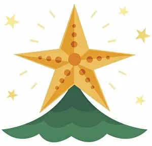 Sparkling yellow star on top of Christmas tree