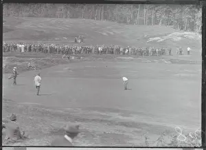 Prints of 9/17/1913-Brookline, MA-Spectators watch players, Ray and Hobens with caddie on putting green at the US Open Swing Through History: Spectators Watching Golf Game